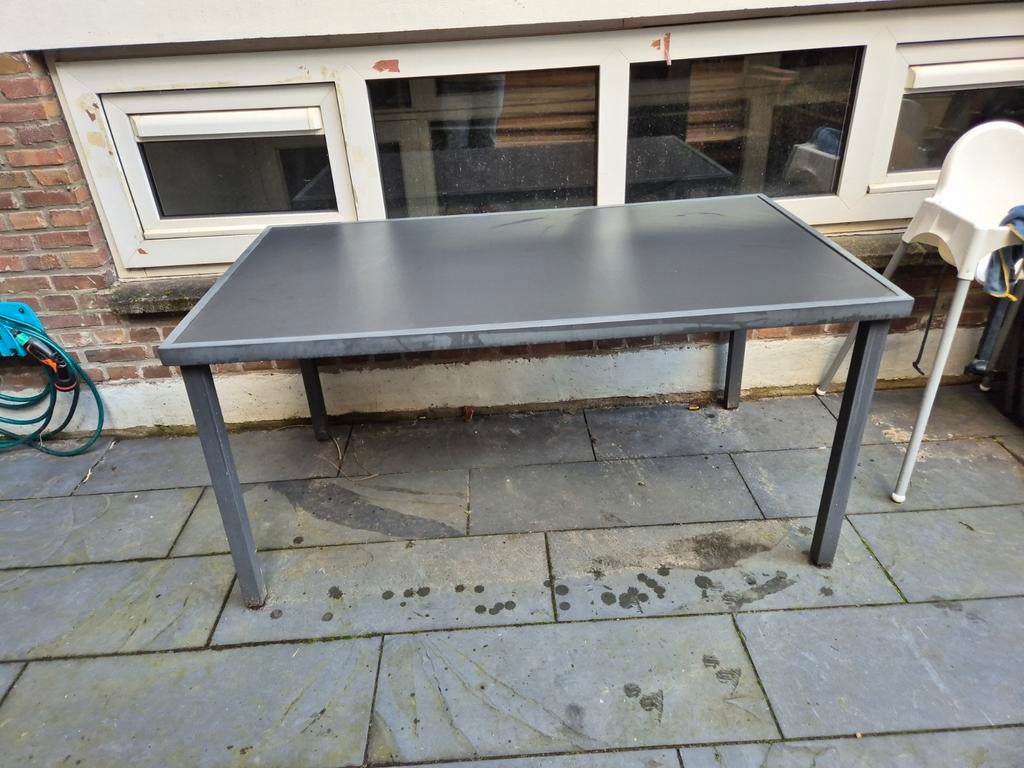 Stevige tuintafel - Grijs metaal en tempered glas, Ophalen, Gebruikt, Rechthoekig, Metaal
