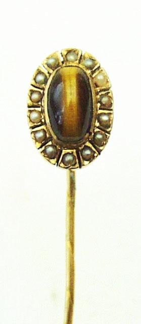 Dasspeld goud 18kt parels tijgeroog., Sieraden, Tassen en Uiterlijk, Antieke sieraden, Ophalen of Verzenden, Goud, Overige typen