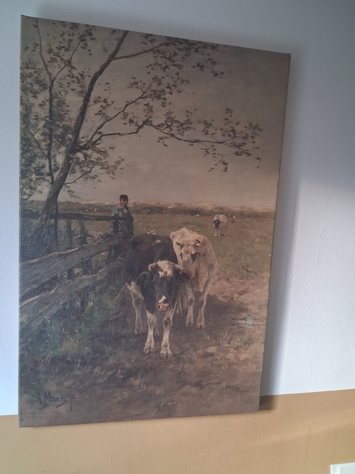 canvas A. Maure - Koeien en herder, Huis en Inrichting, Ophalen, Schilderij