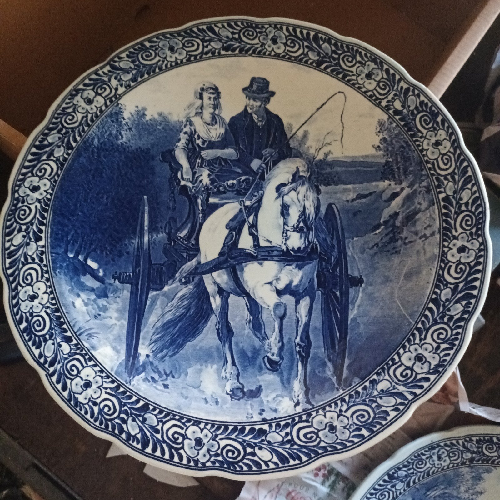 Antiek Delfts Blauw Wandbord - Koets met Paard, Ophalen of Verzenden