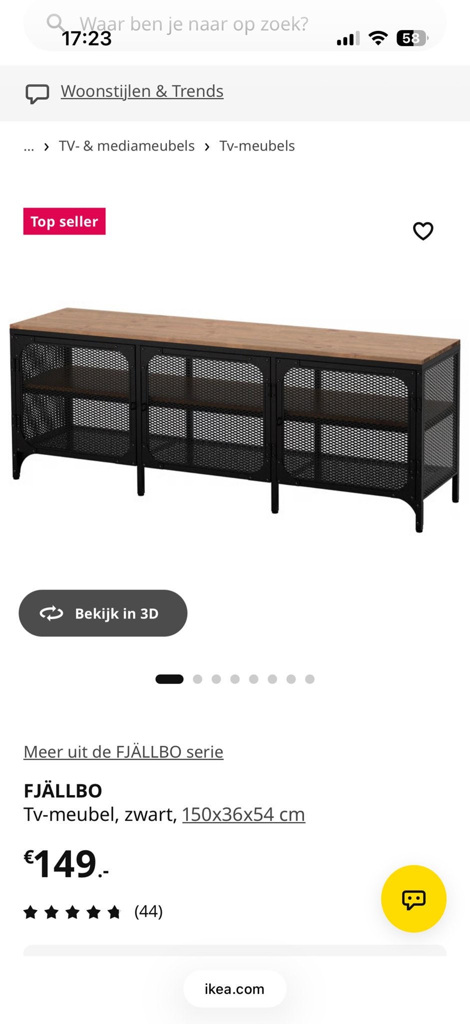 IKEA FJÄLLBO TV-meubel, zwart, 150x36x54 cm, Ophalen, Gebruikt, 100 tot 150 cm, Minder dan 100 cm
