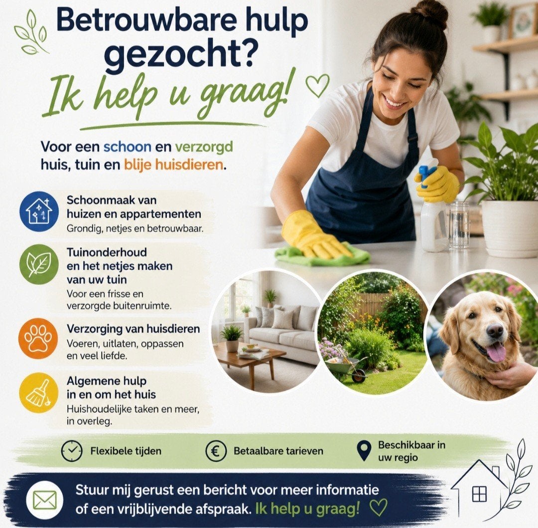 Betrouwbare huishoudelijke hulp – Schoonmaak, tuin & huis