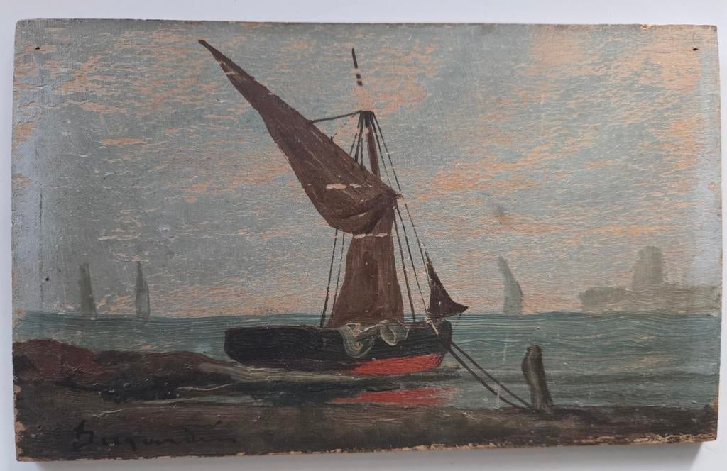 Gesigneerd Dujardin. Olieverf paneel. Zeilschip. 19e eeuw., Antiek en Kunst, Kunst | Etsen en Gravures, Ophalen of Verzenden