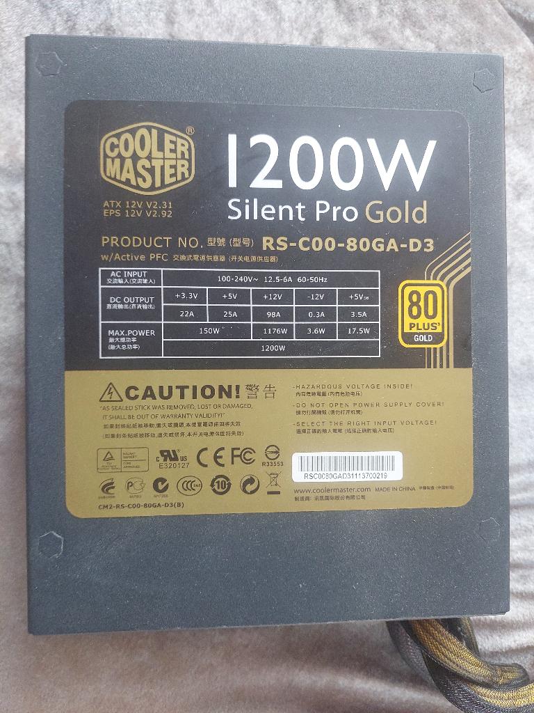 Coolermaster silent pro gold 1200 w, Computers en Software, Interne voedingen, Ophalen of Verzenden, Gebruikt