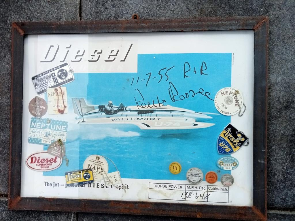 Vintage Diesel Boot Reclame Ingelijst, Antiek en Kunst, Kunst | Overige Kunst, Ophalen