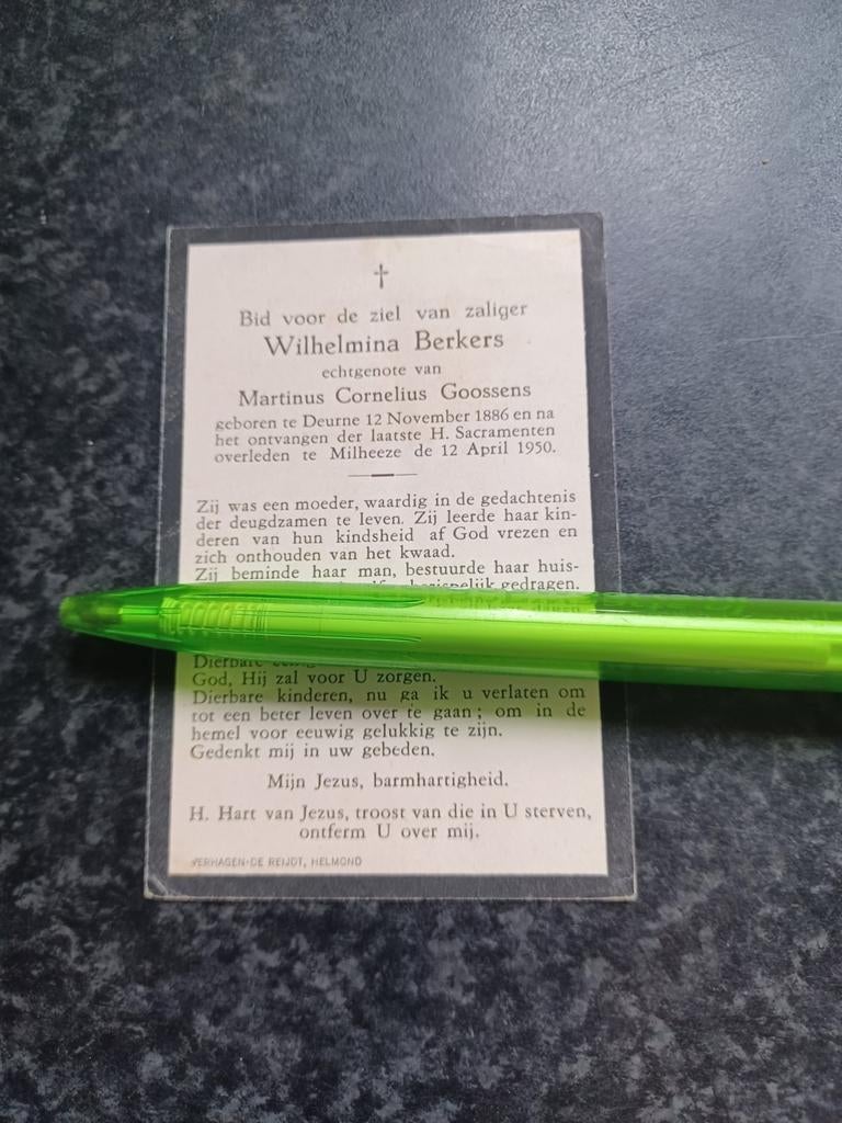 Bidprentje Deurne Milheeze Wilhelmina Berkers 1886 1950, Ophalen, Bidprentje