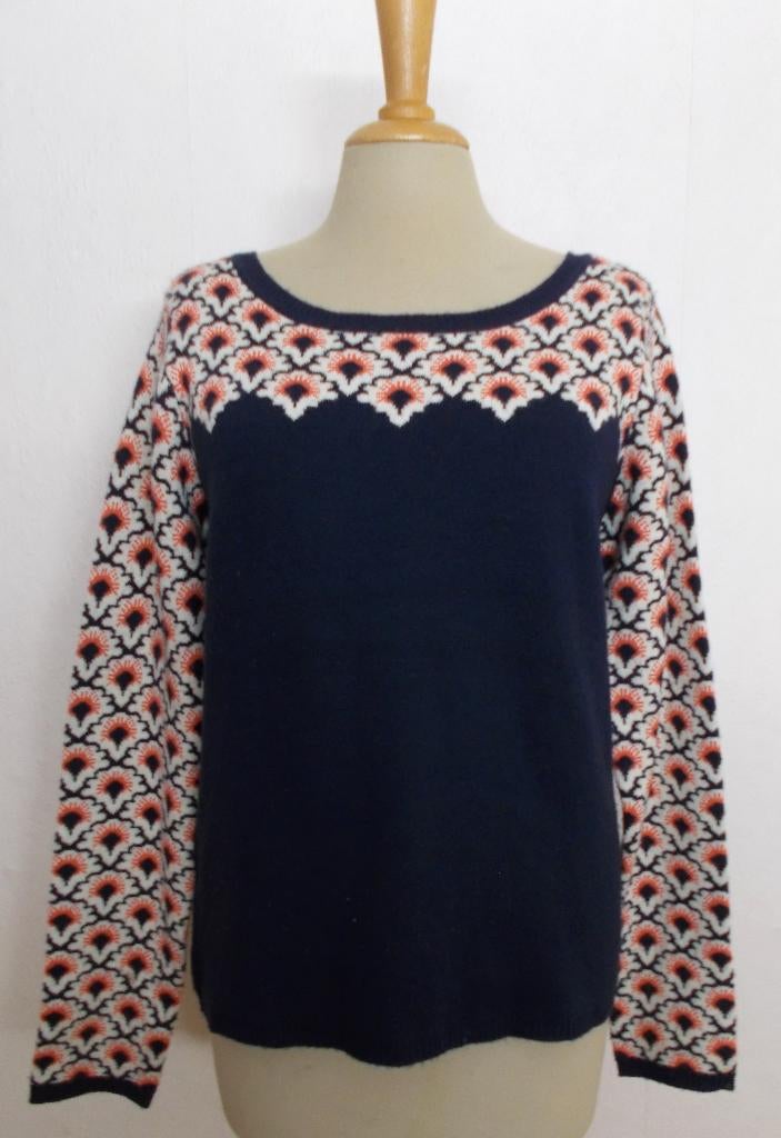 Leuke folklore look donkerblauwe print trui! L, Ophalen of Verzenden, Zo goed als nieuw, Maat 42/44 (L), Blauw