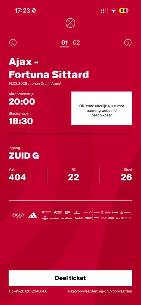 2x Ajax - Fortuna Sittard (Naast elkaar!) 14 februari, Twee personen, Februari