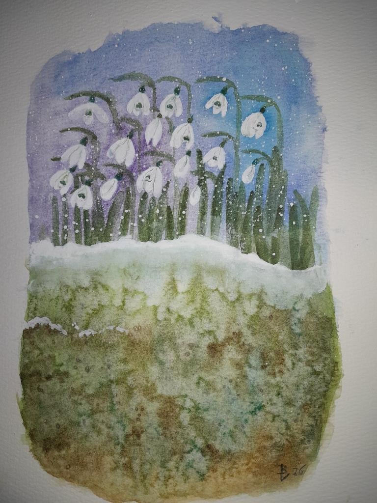 Aquarel Sneeuwklokjes op Katoen, Ophalen of Verzenden