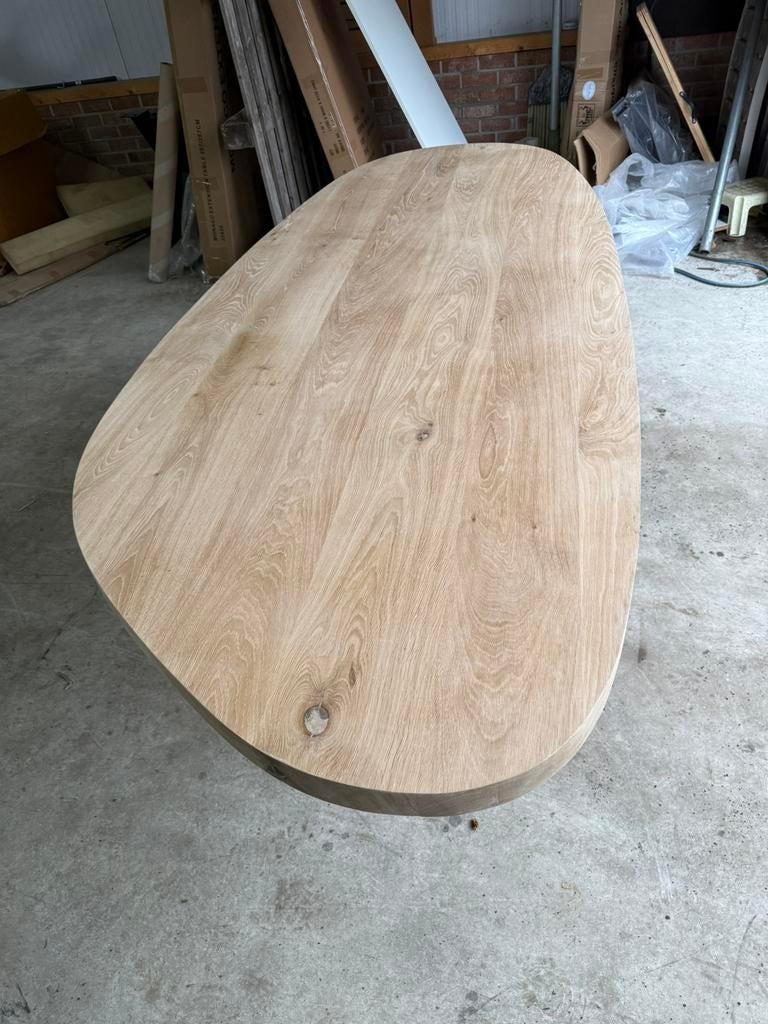 Mooie indutriele eiken tafel leaf organic vorm 6cm dik, 100 tot 150 cm, Ophalen of Verzenden, Vijf personen of meer, Overige vormen