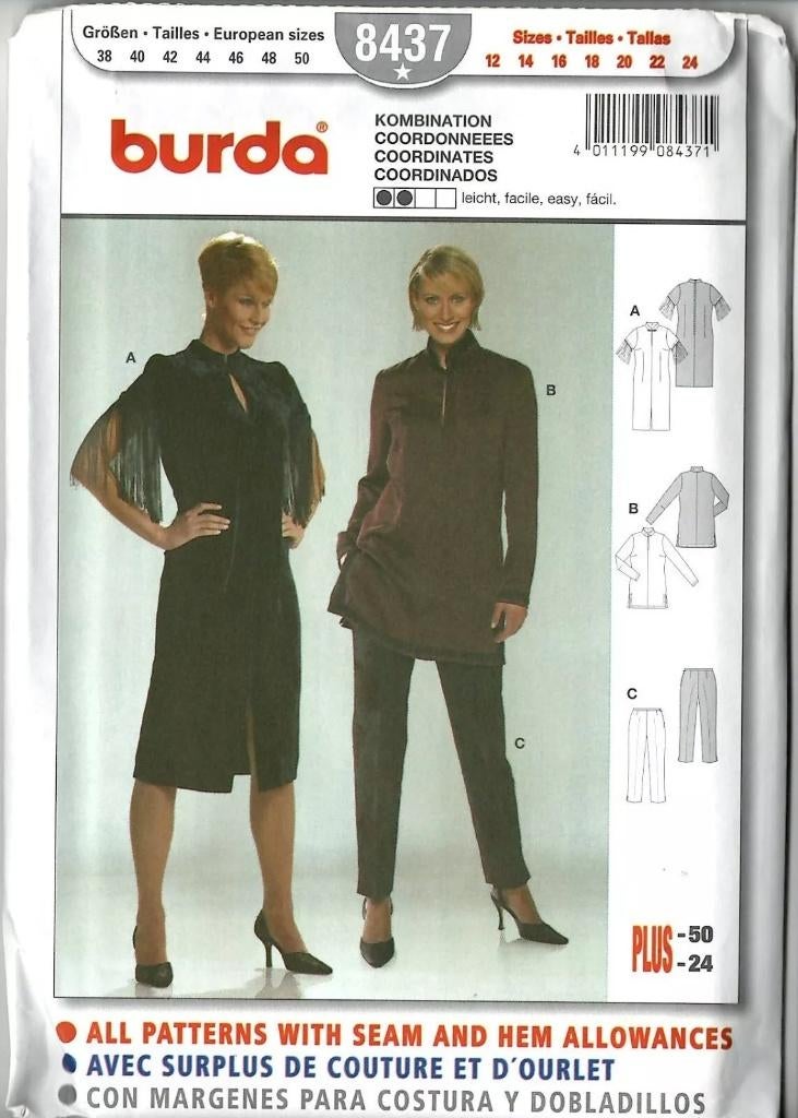Burda naaipatroon kledingpatroon 8437 jurk tuniek maat 38-50, Broek, Vrouw, Nieuw, Burda