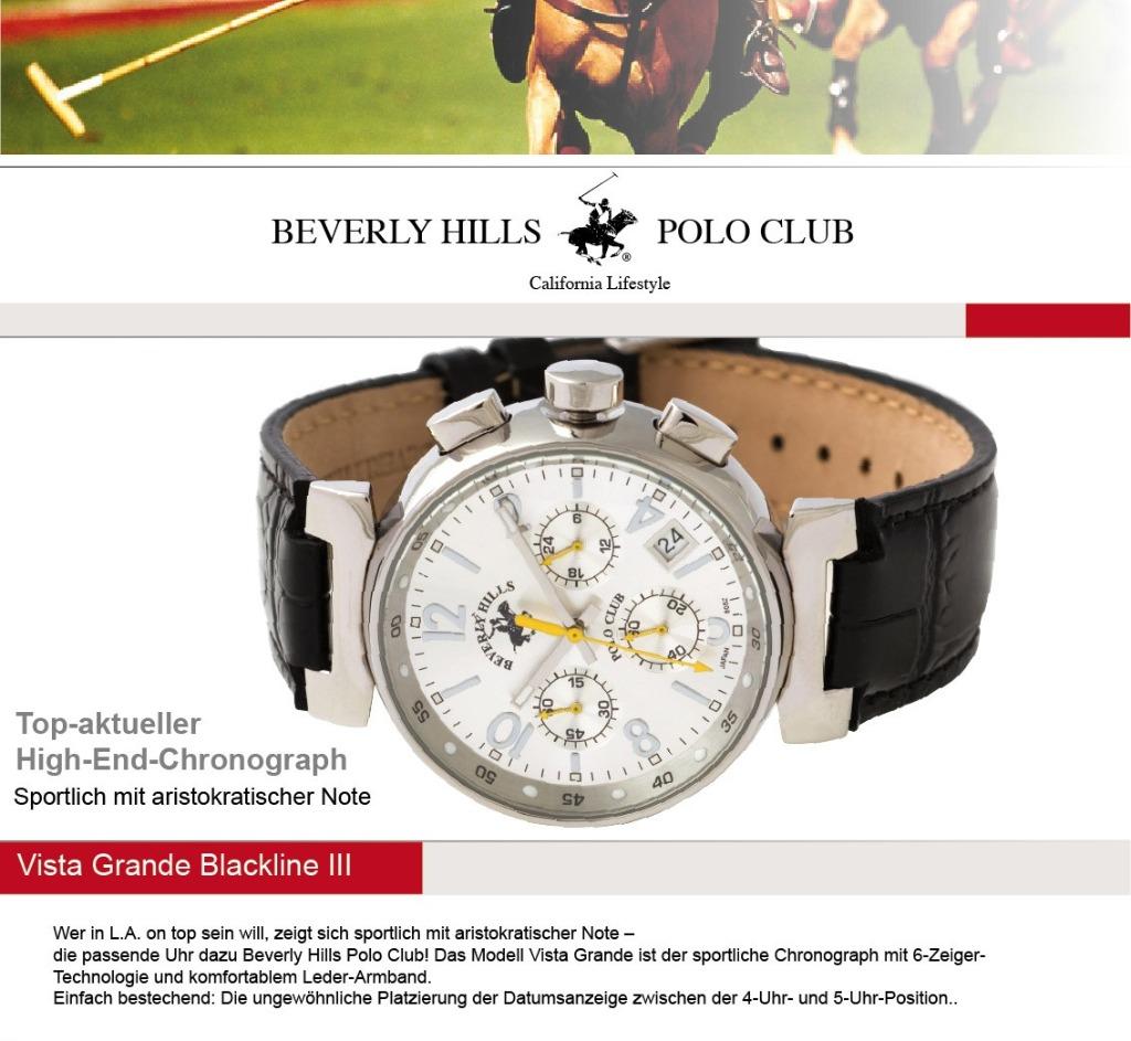 Beverly Hills Polo Club Vista Grande Blackline 3 Chronograaf, Overige merken, Leer, Staal, Polshorloge