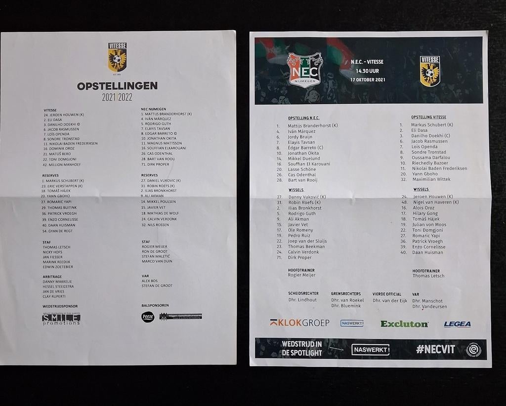 Line up Vitesse - NEC thuis/uit 2021/2022., Ophalen of Verzenden, Zo goed als nieuw, Vitesse, Vaantje of Sjaal
