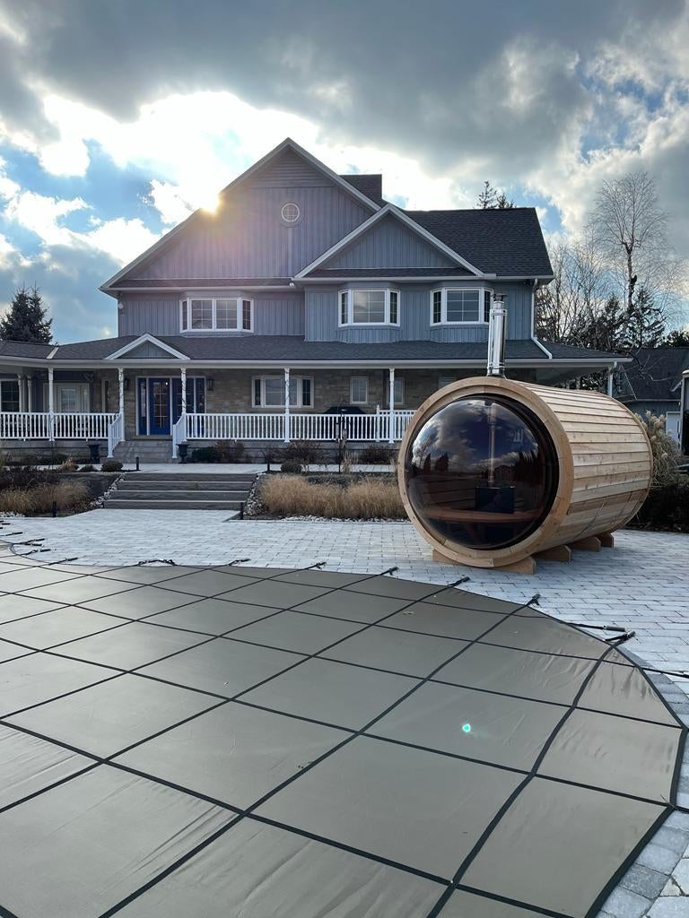 Red cedar Panorama barrel buiten sauna's, ook in thermowood, Sport en Fitness, Sauna, Nieuw, Complete sauna, Fins of Traditioneel
