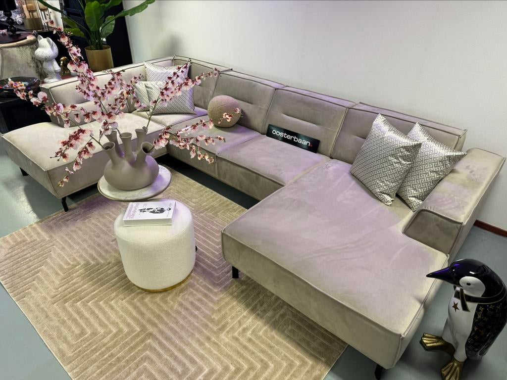 Luxe Velvet U-Bank Lotte 200x350x170cm Beige Khaki NIEUW, Huis en Inrichting, Info@oosterbaanwonen.nl, Hoekbank, Ophalen of Verzenden