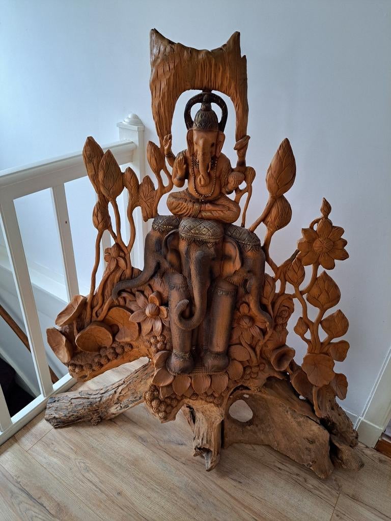 Ganesha hout gesneden beeld, paneel van Hindoe Olifant God, Ophalen, Nieuw