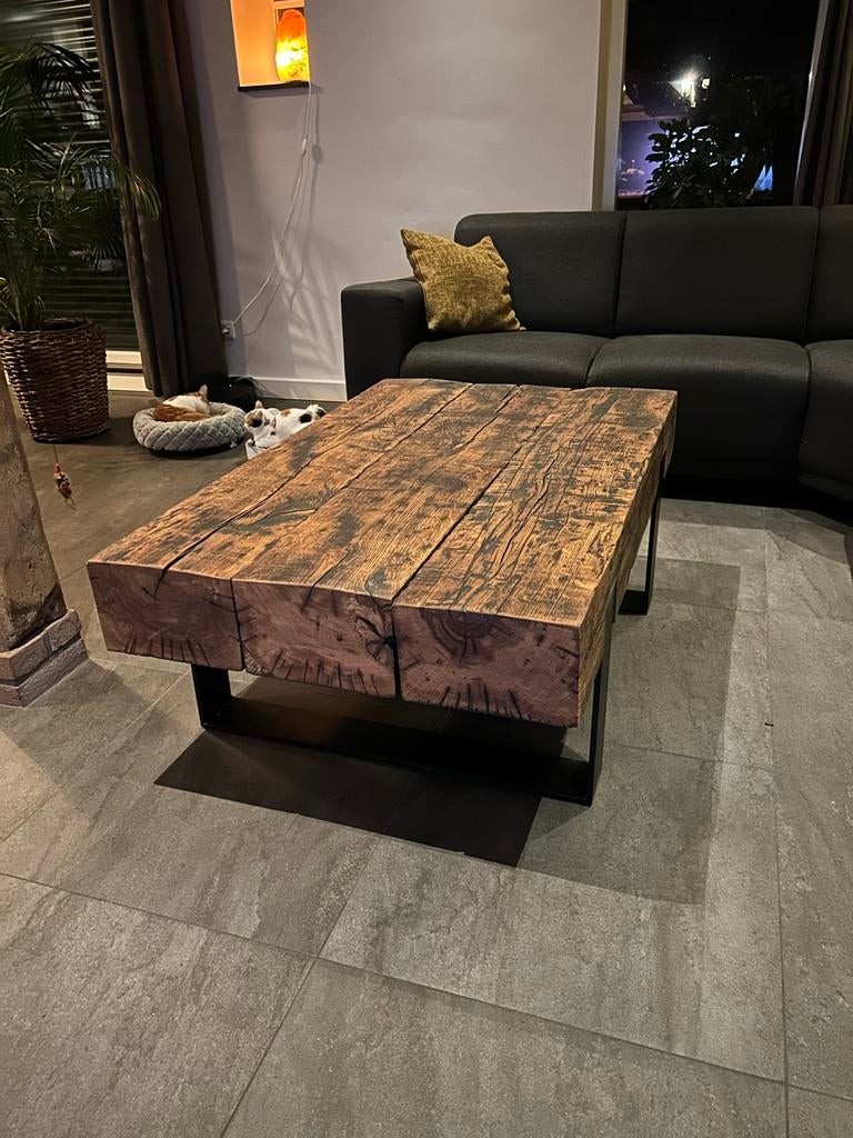 Robuuste Oud Eiken Bielzen Salontafel - Uniek & Duurzaam!, Ophalen, Gebruikt, 100 tot 150 cm, Eikenhout