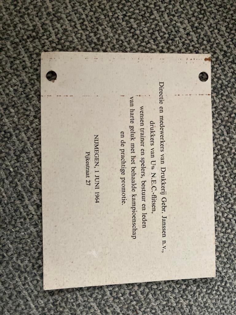 DANK KAARTJE VOOR KAMPIOENSCHAP NEC 1964, Ophalen of Verzenden, Zo goed als nieuw, Overige binnenlandse clubs, Poster, Plaatje of Sticker