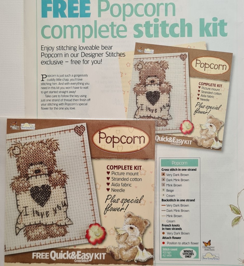 Popcorn beertje met hartje en bloemetje borduurpakketje, Ophalen, Nieuw, Handborduren, Borduurpakket
