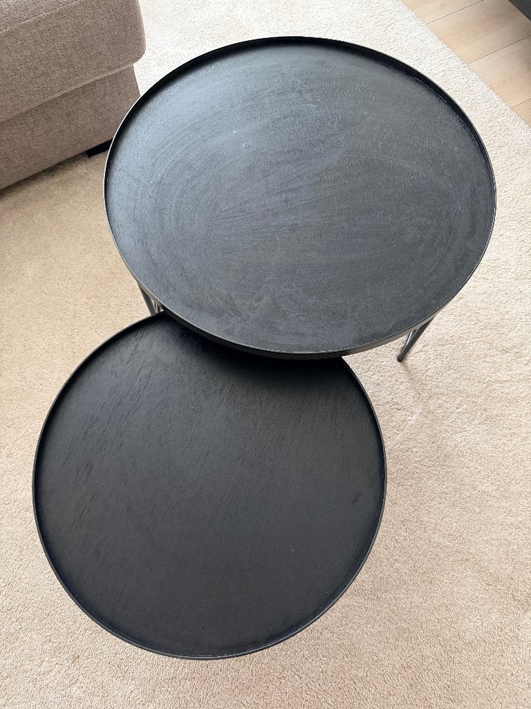 2x zwarte Notre Monde zwart houten/metalen salon/bijzettafel, Ophalen, Gebruikt, 50 tot 100 cm, Rond