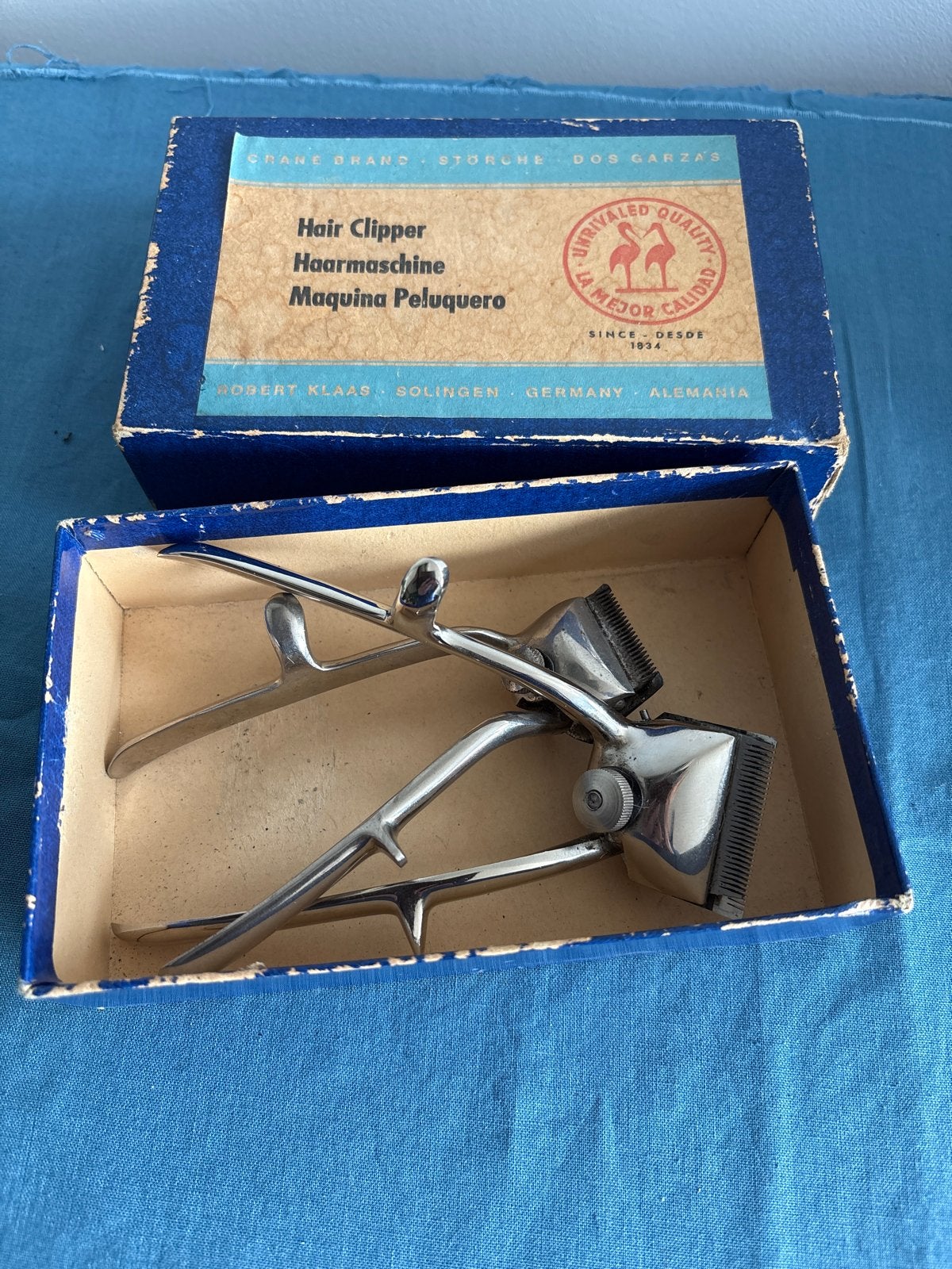 Vintage Robert Klaas Storch hand tondeuse originele doos, Ophalen of Verzenden