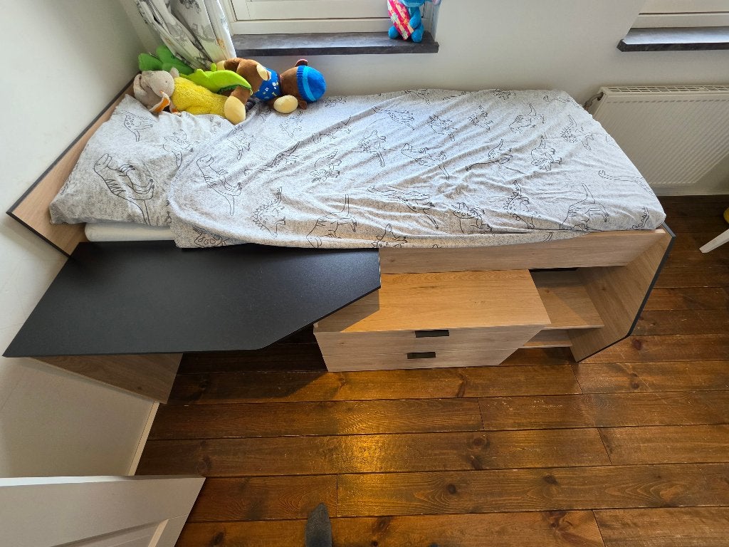 Kajuitbed (zwart/eiken), 90x200, bureau+lades, bodem+matras, Ophalen, 85 tot 100 cm, Zo goed als nieuw, 180 cm of meer