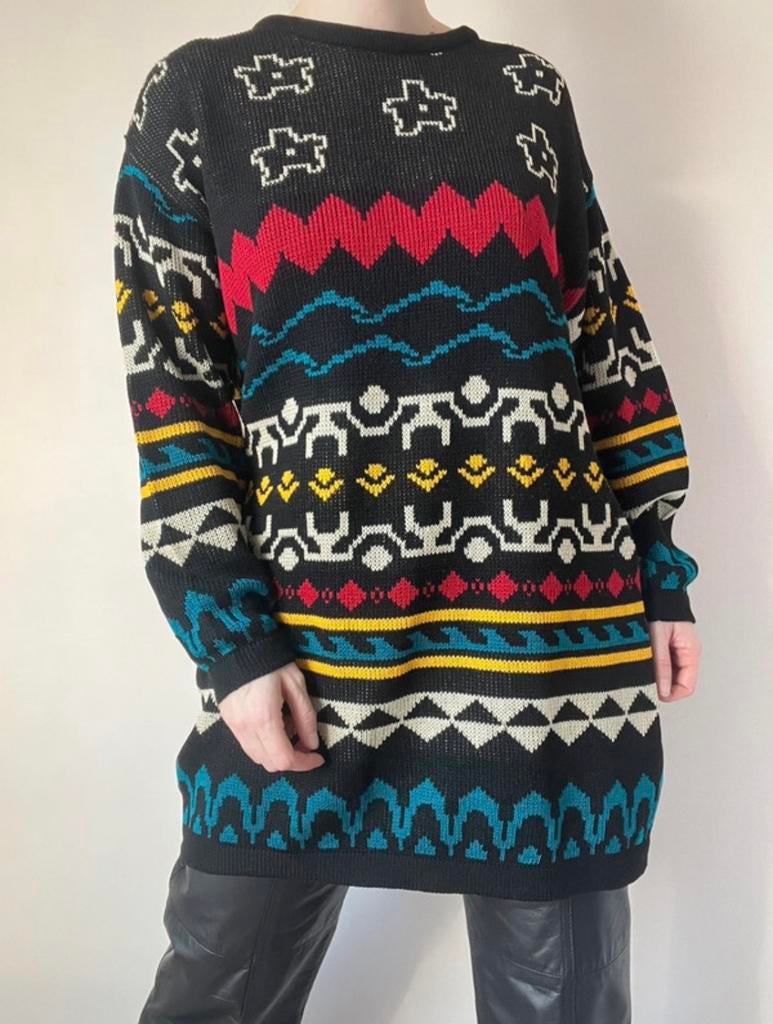 Lange vintage trui met print, L. 90s knit boho gebreid bloem, Verzenden, Zwart, Maat 42/44 (L), Vintage