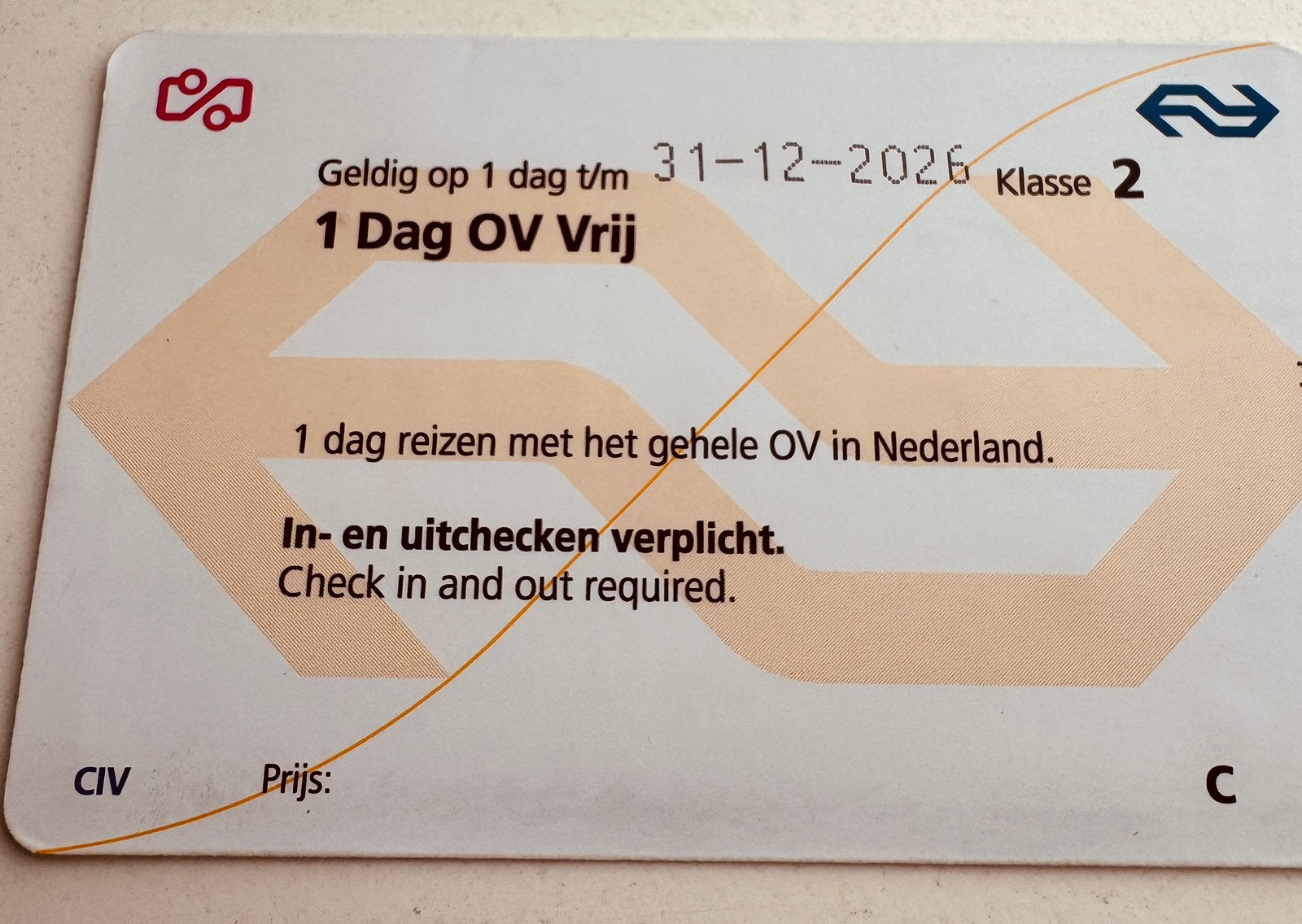 NS 1 dag ov vrij dagkaart. Trein, bus, tram en metro., Tickets en Kaartjes, Eén persoon, Trein, Algemeen kaartje