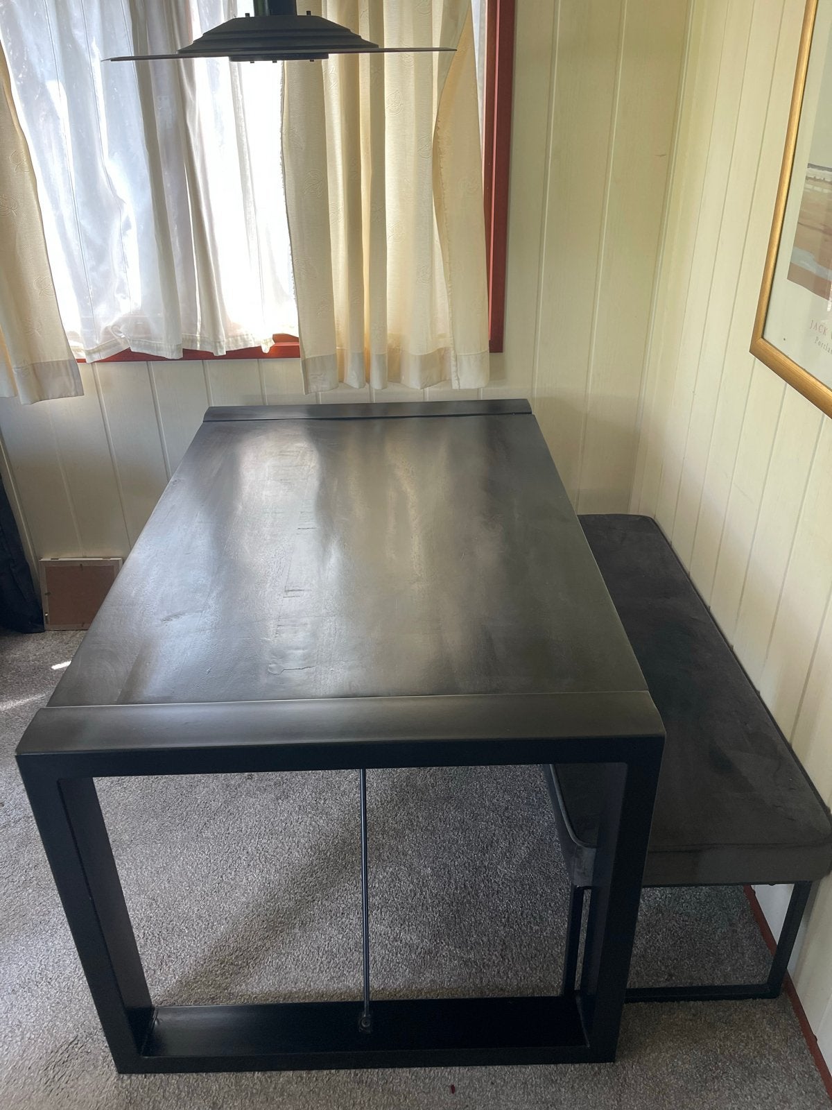 Eettafel met bankje - Zwart metaal en hout, Ophalen, Gebruikt, 100 tot 150 cm, 50 tot 100 cm