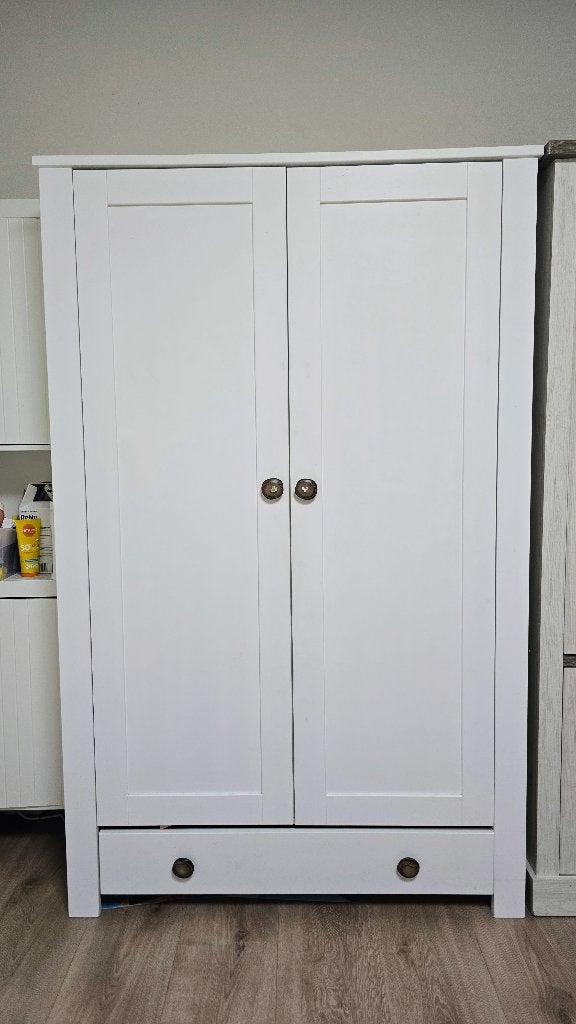 White Wardrobe 2 Doors with Drawer – 190x118x54 cm, Ophalen, 100 tot 150 cm, 150 tot 200 cm, Overige houtsoorten