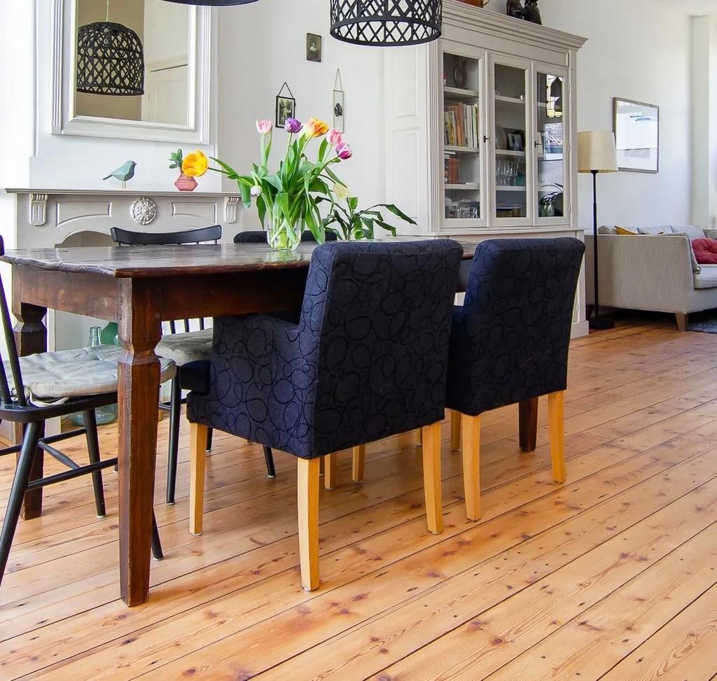 Set van 3 gestoffeerde eetkamerstoelen Mobitec, Huis en Inrichting, Stoelen, Zo goed als nieuw, Drie, Hout, Blauw, Ophalen