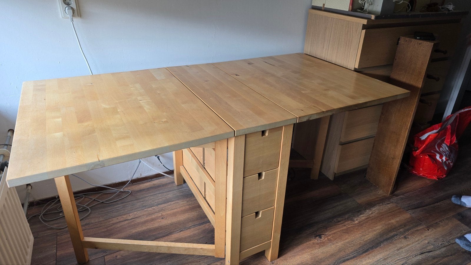 Klaptafel massief berkenhout met lades, Ophalen, Gebruikt, 100 tot 150 cm, 50 tot 100 cm