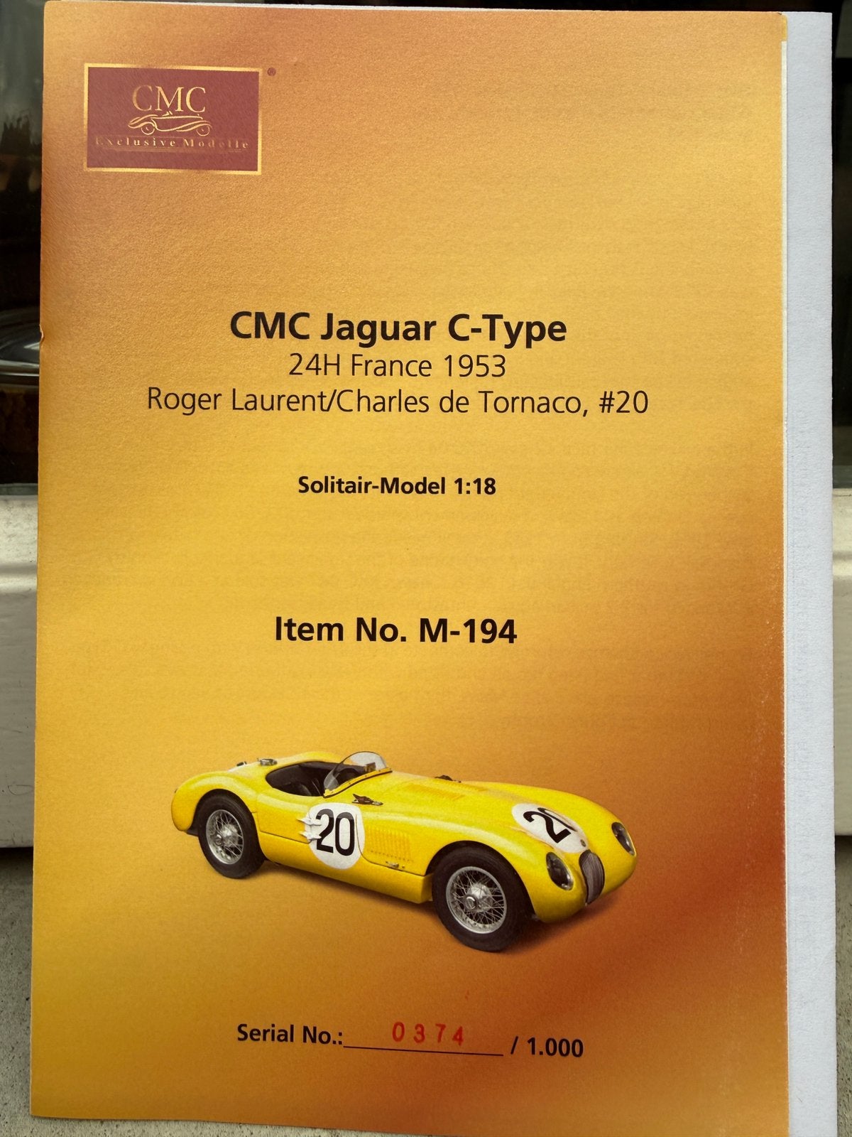 1:18 Jaguar C-Type #20 24H France 1953 CMC M-194, Hobby en Vrije tijd, Modelauto's | 1:18, Overige merken, Auto, Nieuw, Ophalen of Verzenden