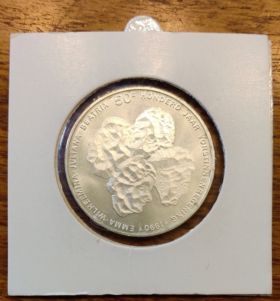 Zilveren 50 Gulden Munt 1990 - 100 Jaar Vorstinnenregering, Verzenden, Koningin Beatrix, Zilver, Losse munt
