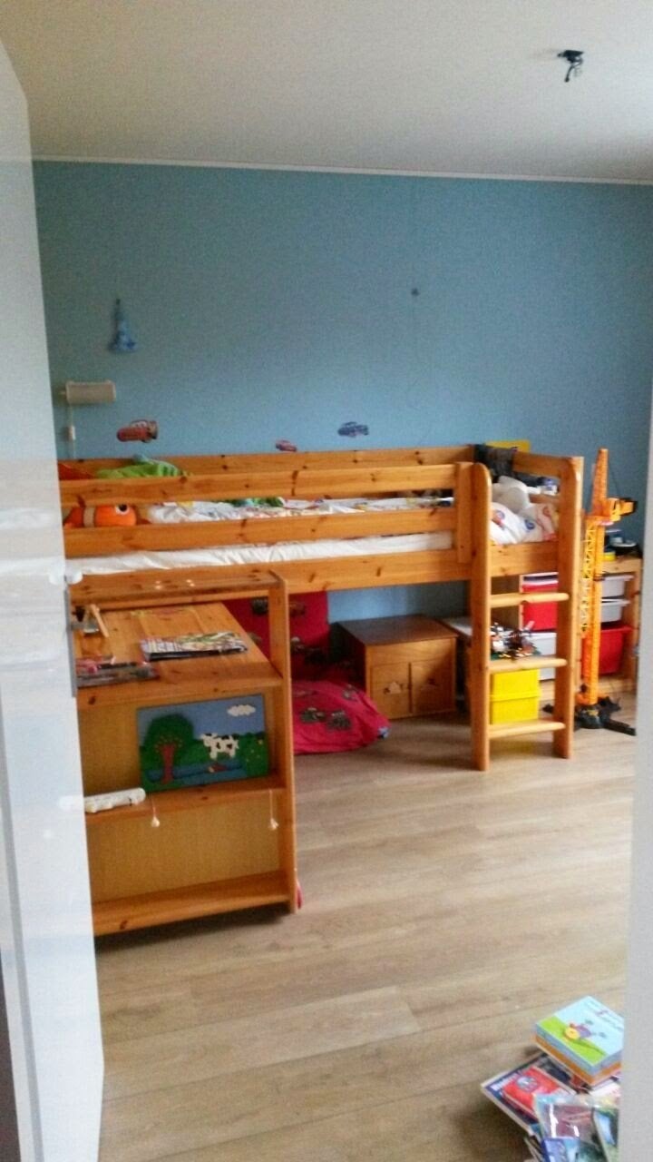 houten Flexa halfhoogslaper met bureau en opbergruimte, Ophalen, Gebruikt, 90 cm, Eenpersoons
