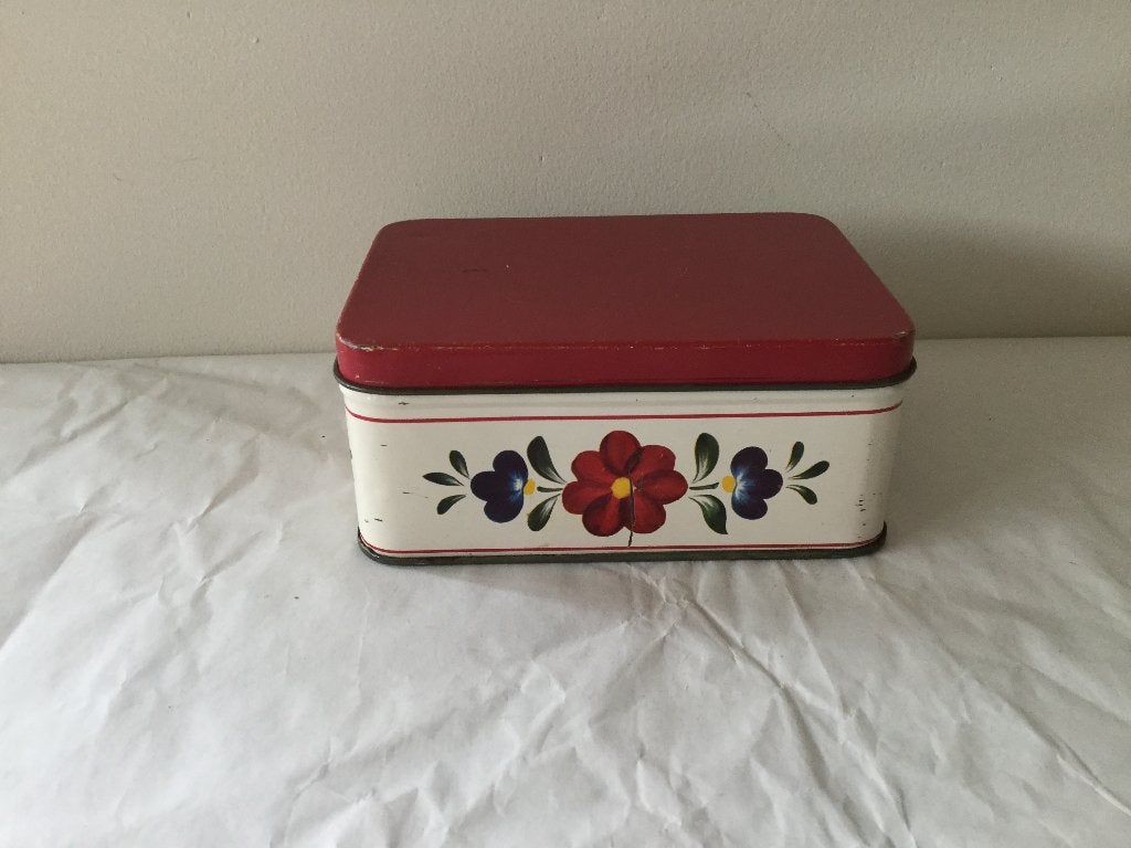 Vintage klein boerenbont rechthoekig blik met rode deksel, Ophalen of Verzenden, Huis en Inrichting