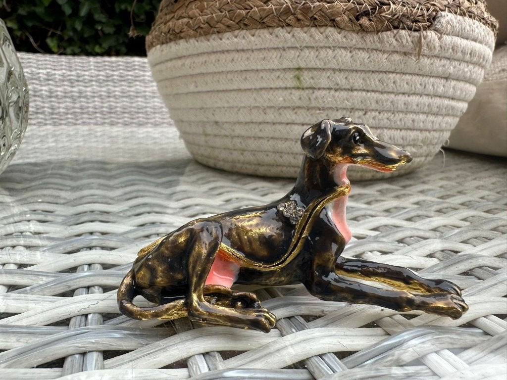 metalen herdenking windhond greyhund whippet beeldje doosje, Ophalen of Verzenden