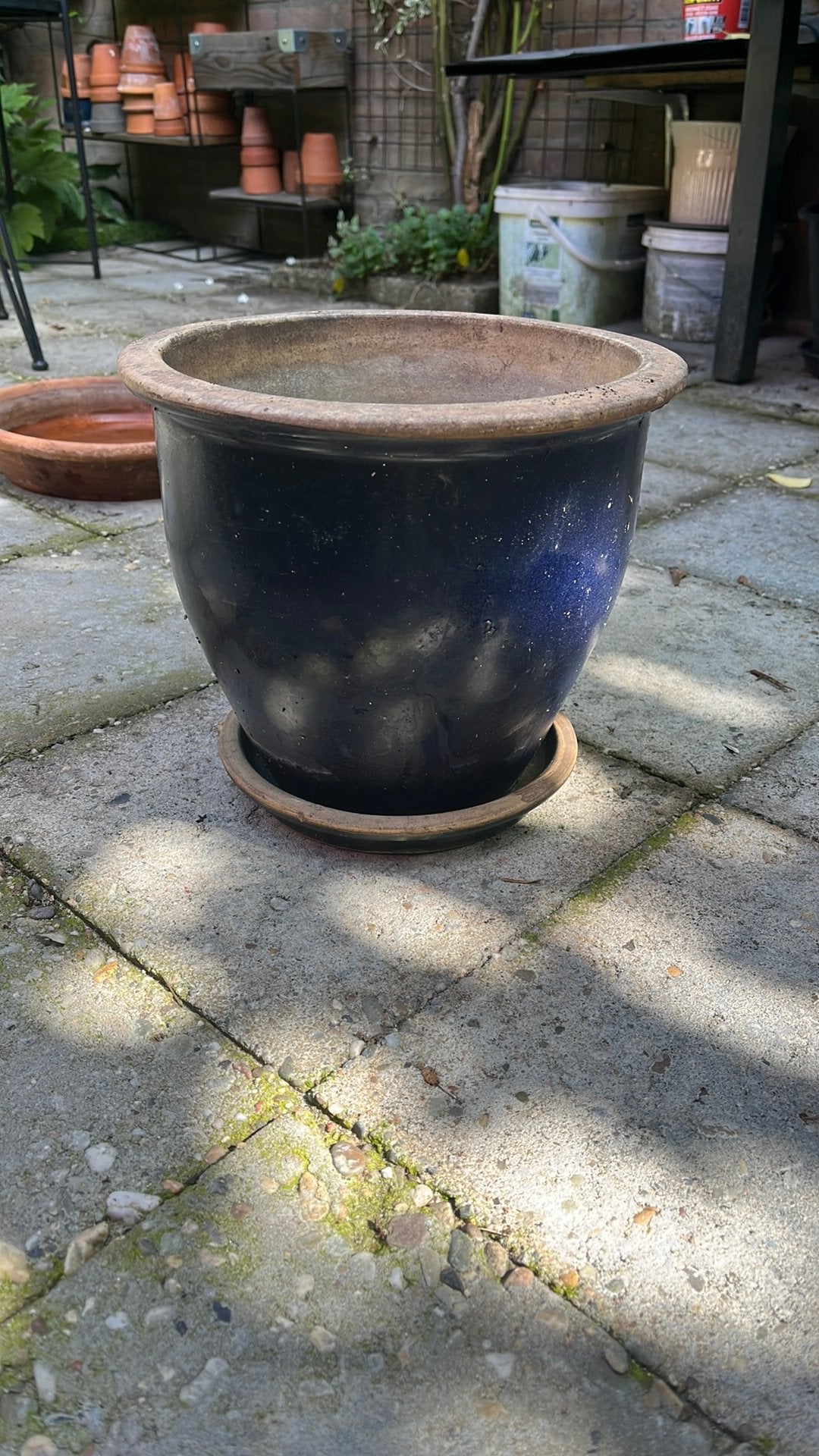 56x22hoog prachtig diep blauw geglazuurde terracotta pot, Ophalen, Steen, Gebruikt, Minder dan 30 cm