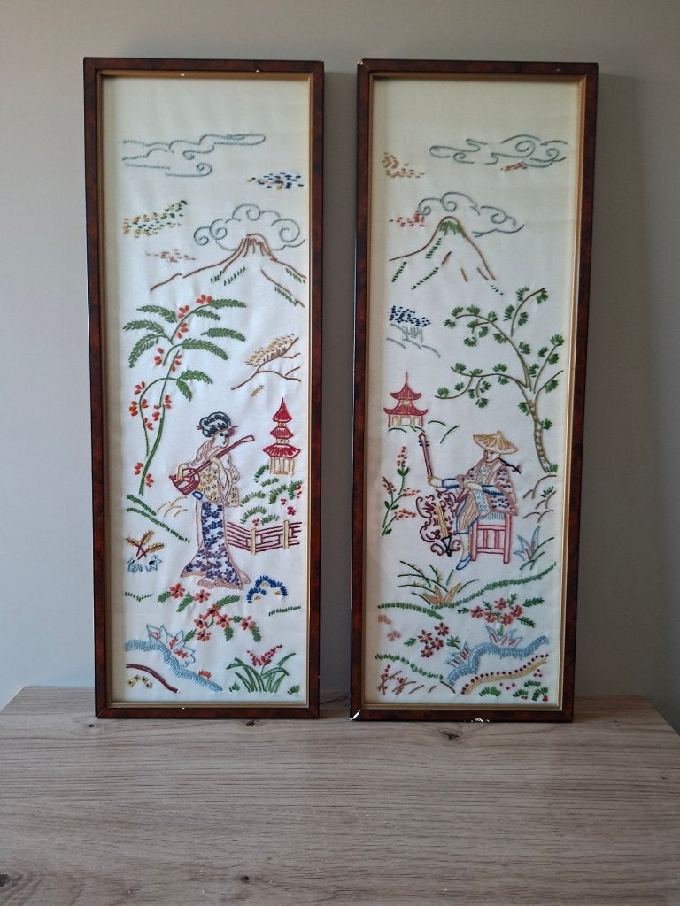 Vintage geborduurd Japans tafereel, Ophalen of Verzenden