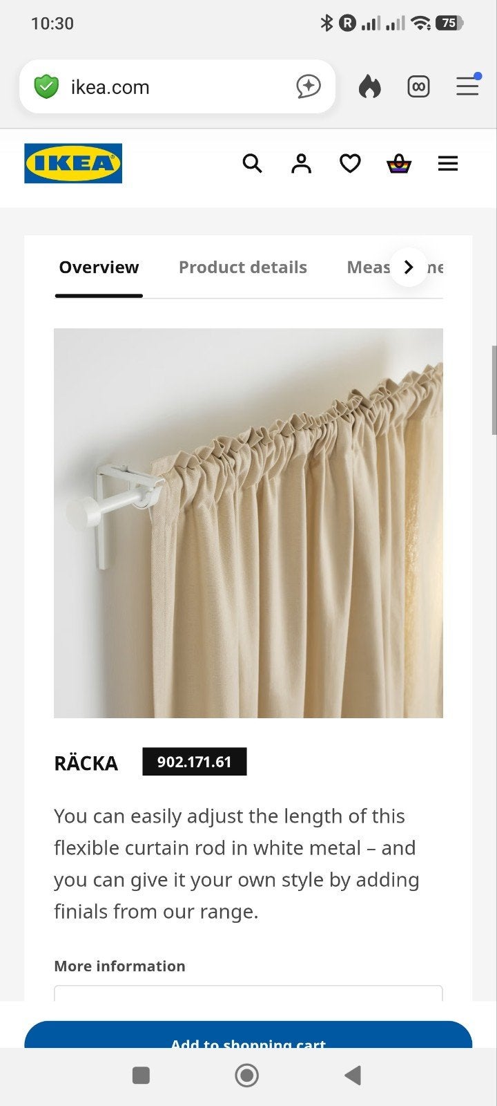 IKEA RÄCKA Gordijnroede combinatie wit 120-210 cm, Ophalen, Inclusief montageonderdelen, Wit, Metaal