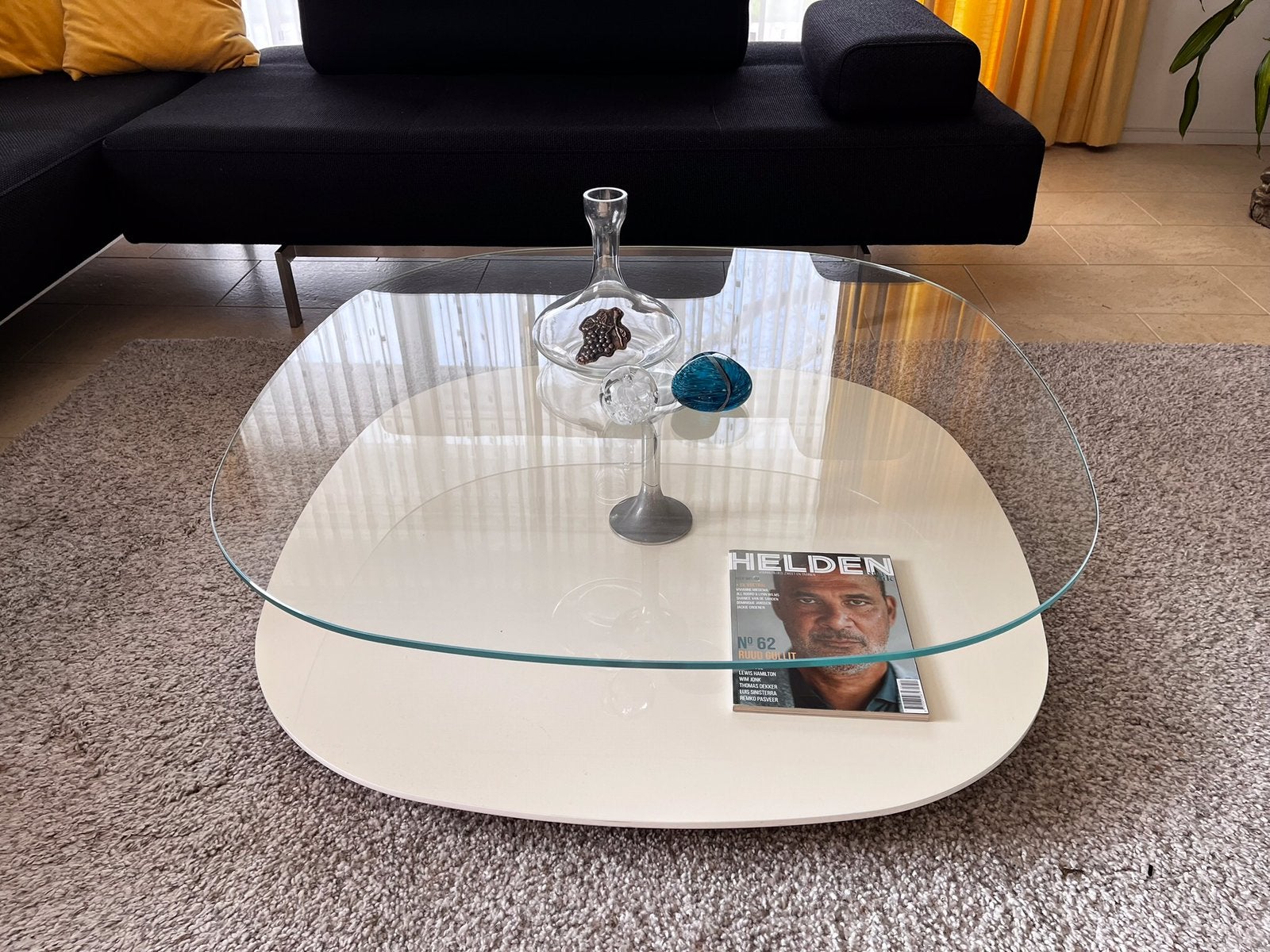 Glazen salontafel met ronde hoeken, Ophalen, Gebruikt, 100 tot 150 cm, Design