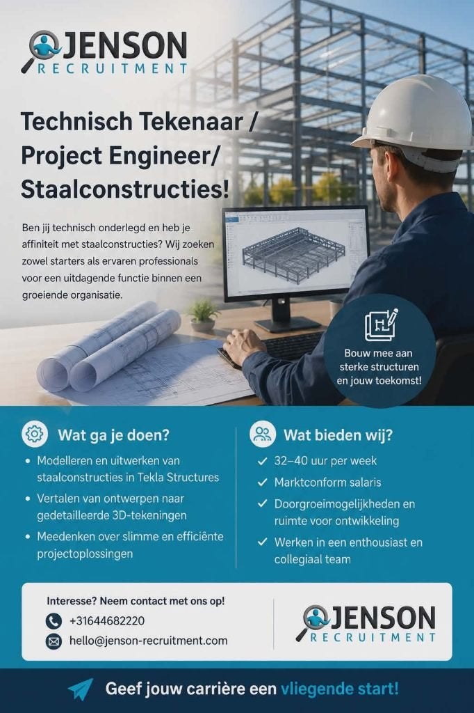 Tekla tekenaar, 33 - 40 uur, MBO, Starter, Vast contract