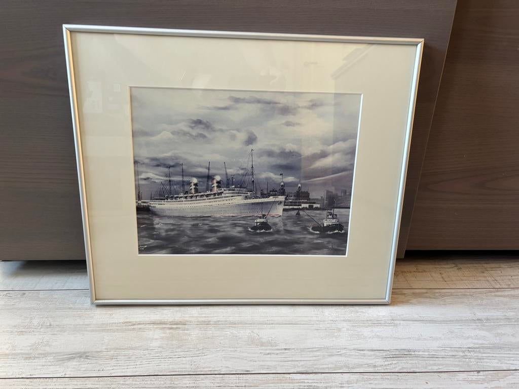 Fraaie ingelijste ss Nieuw Amsterdam 1990, aluminium frame, Ophalen of Verzenden