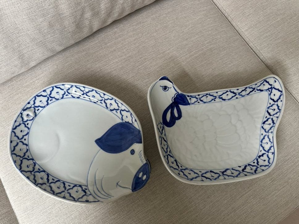 Thaise borden kip en varken handgeschilderd, Ophalen, Aziatisch, Keramiek, Zo goed als nieuw