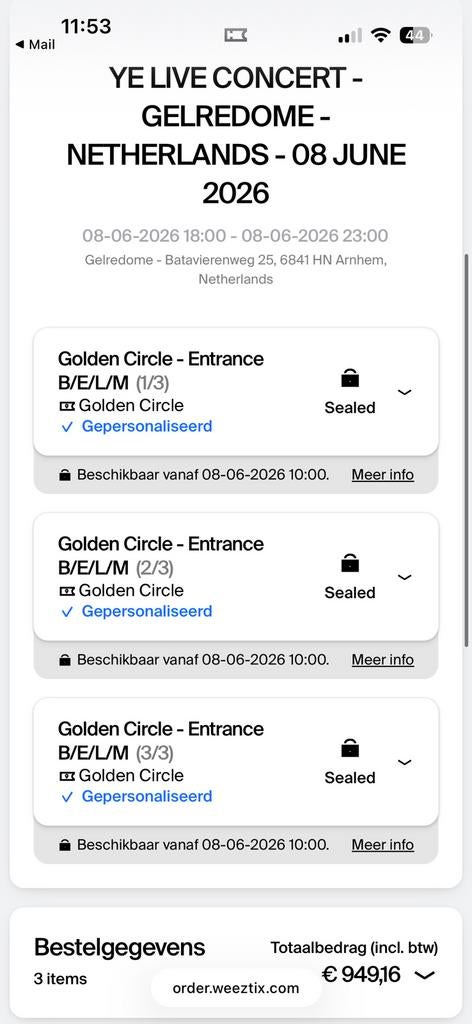 3x Ye gelredome live concert tickets 08-06 golden circle, Tickets en Kaartjes, Evenementen en Festivals, Drie personen of meer