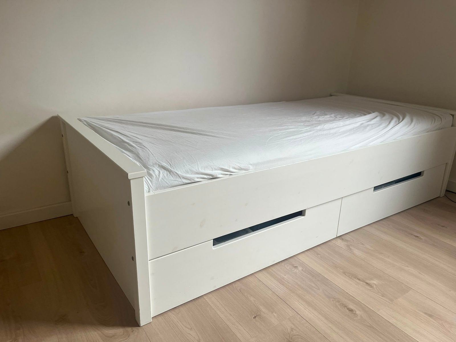 Bed 90x200 wit met lades, Ophalen, 90 cm, Eenpersoons, Wit