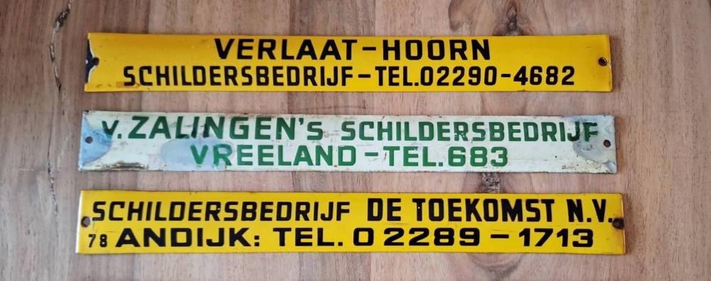 3 emaille schildersbord, reclamebordjes schildersbedrijven., Reclamebord, Gebruikt, ., Ophalen of Verzenden