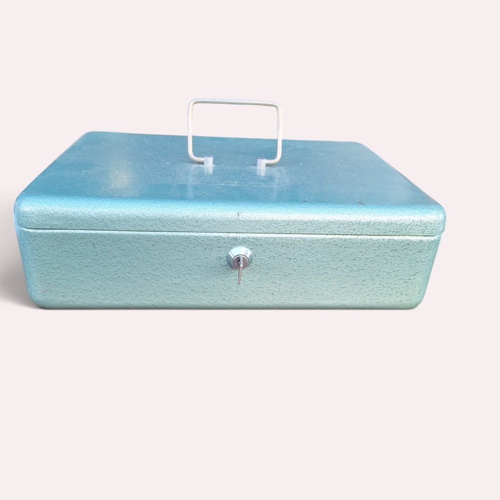 Vintage Geldkistje - blauw / groen Metaal met Sleutel, Groen, Vintage, Gebruikt, Onbekend