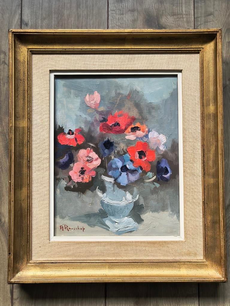 Stilleven, olie op doek - A. Rouschop, Antiek en Kunst, Kunst | Schilderijen | Klassiek, Ophalen
