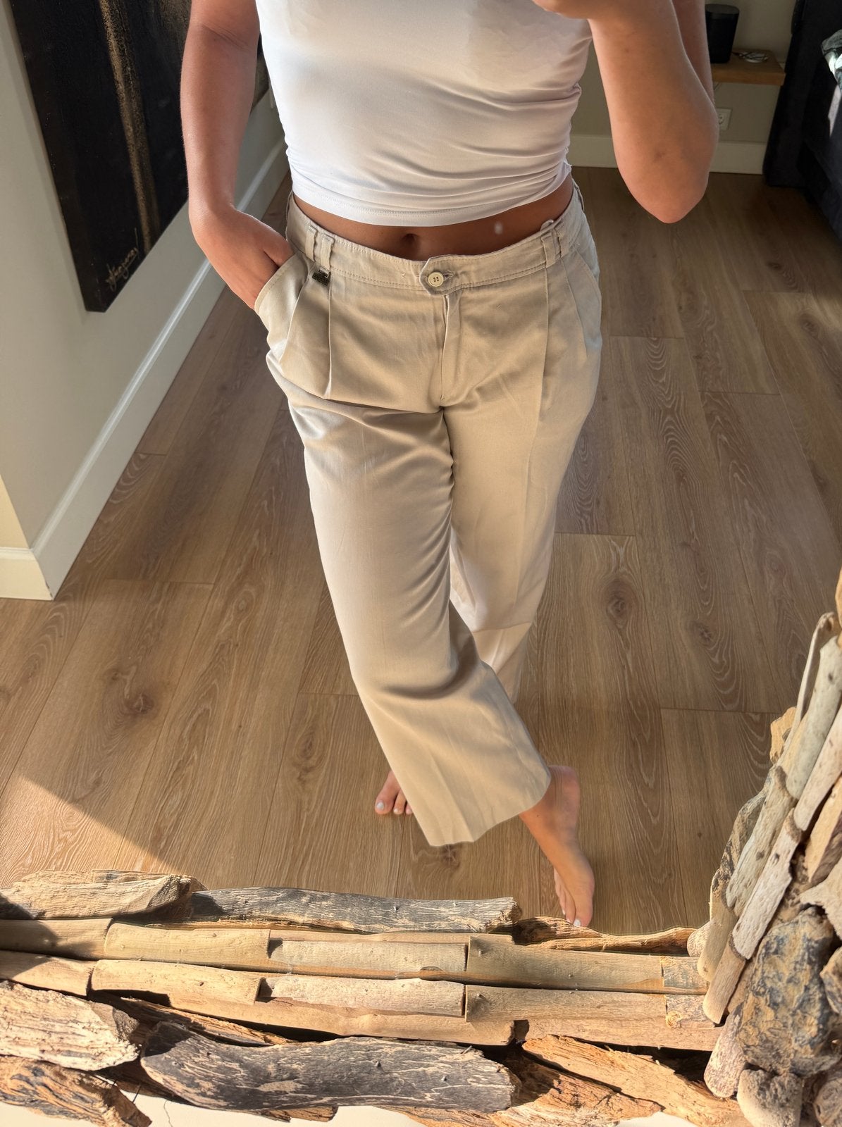 Beige pantalon met plooien, Verzenden, Beige, Zo goed als nieuw, Driekwart